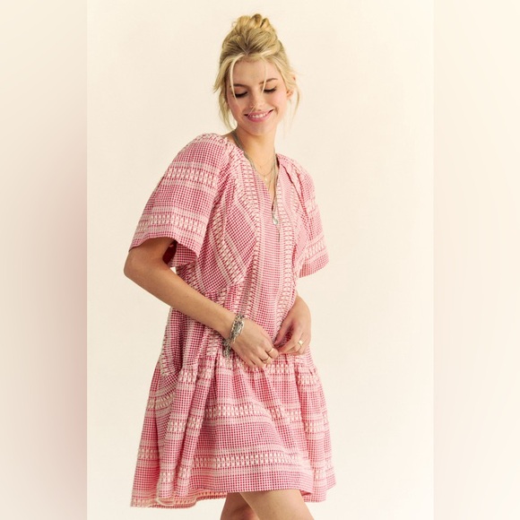 🟠 94B. Embroidered Stripe Detail Gingham Mini Dress - Red - Picture 8 of 13